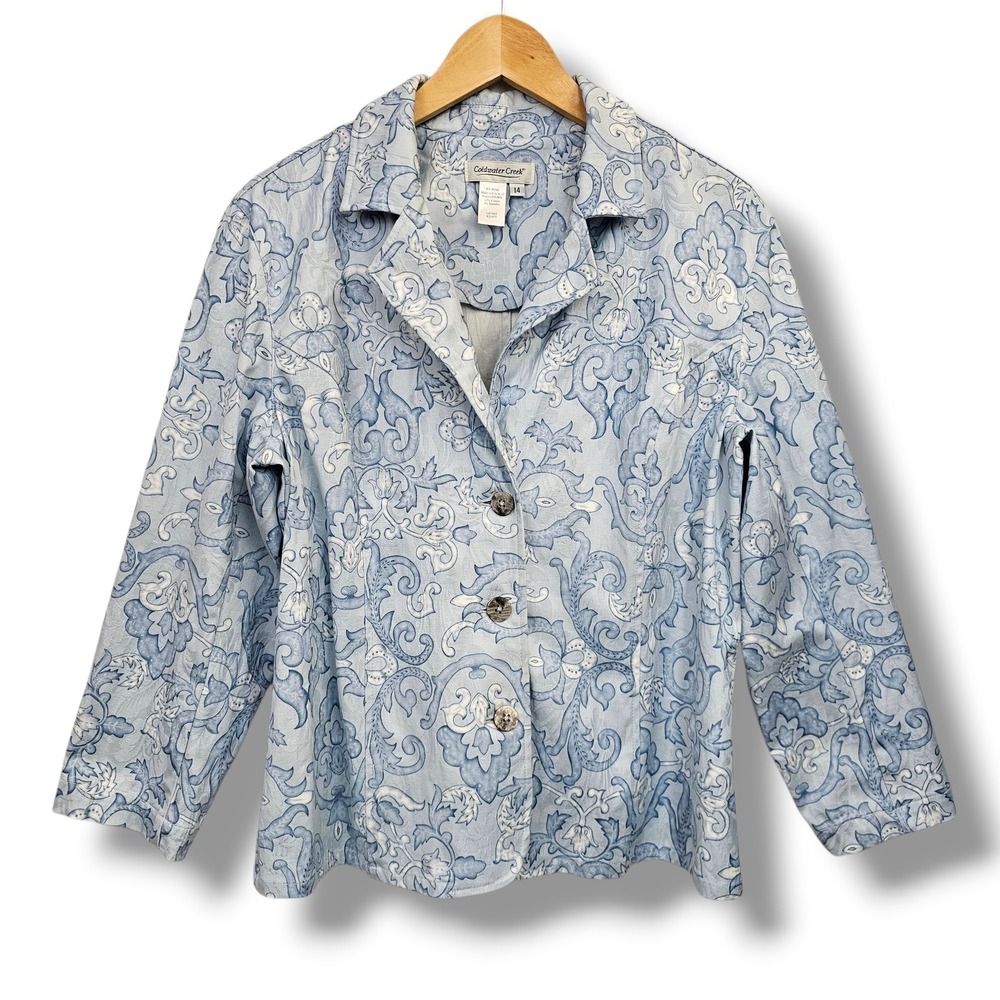 Coldwater Creek Blazer Womens 14 Blue Damask Scroll Jacket Stretch Spring Preppy